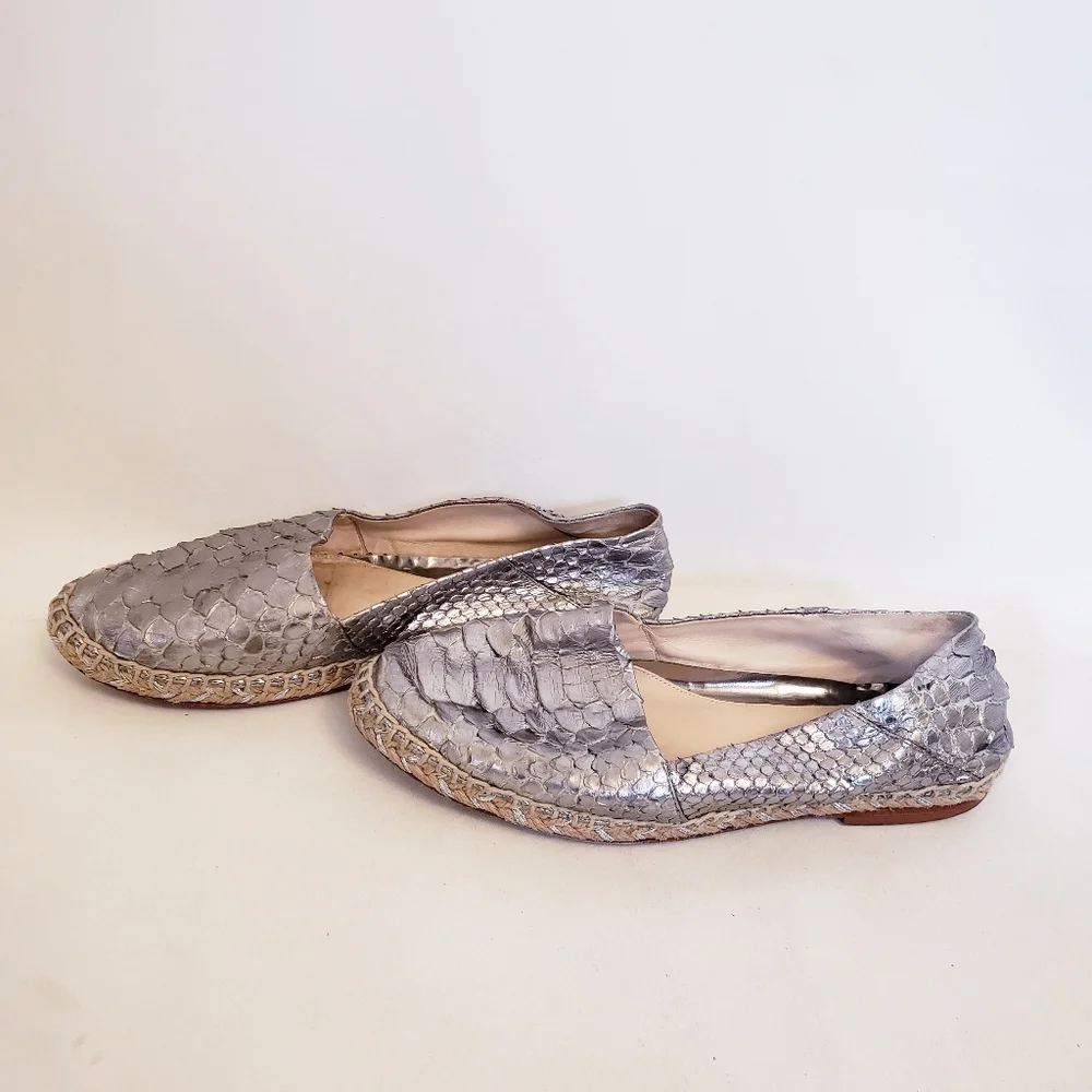 Alexandre Birman Silver Python Flat Espadrilles, Size 36 1/2